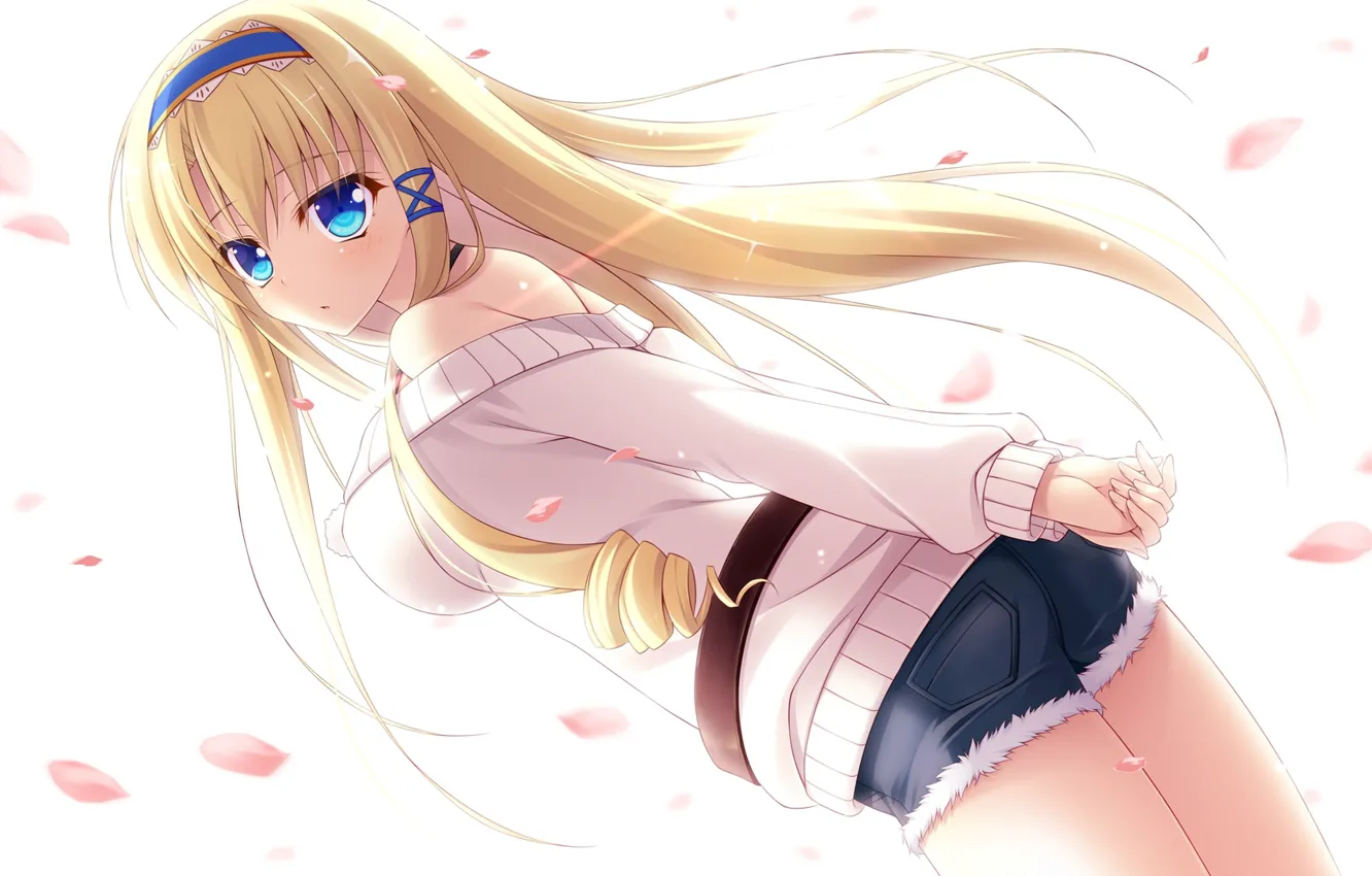 Фото обои long hair, anime, blonde, anime girls, simple background, jean shorts, looking at viewer
