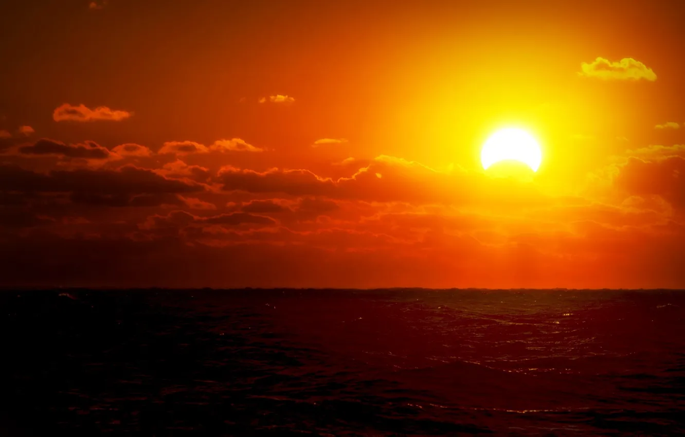Фото обои море, небо, вода, солнце, облака, пейзаж, закат, красный