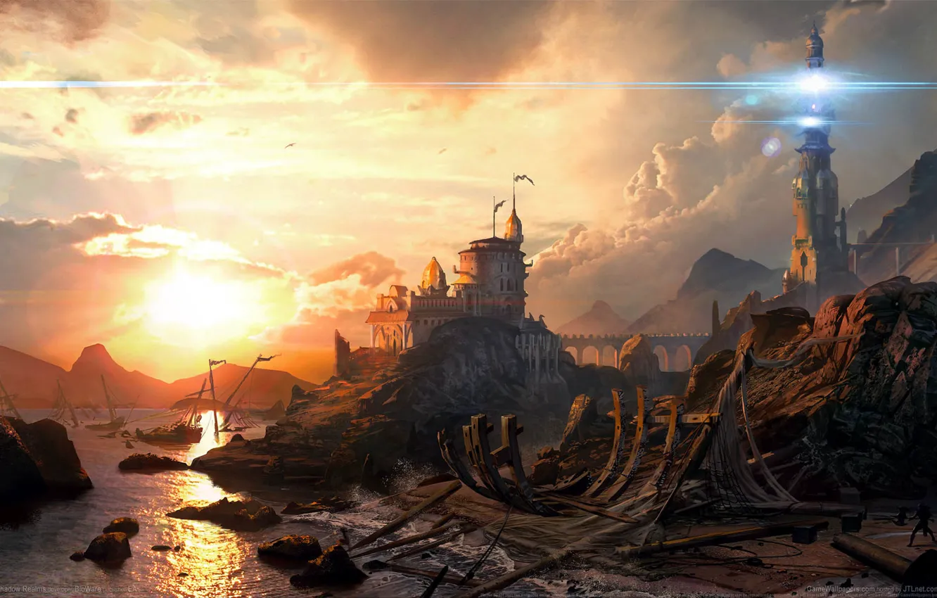Фото обои закат, здания, кости, тени, руины, game wallpapers, Shadow Realms