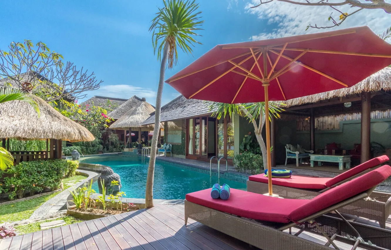 Фото обои пальмы, вилла, зонт, бассейн, Seminyak, Villa Santhi