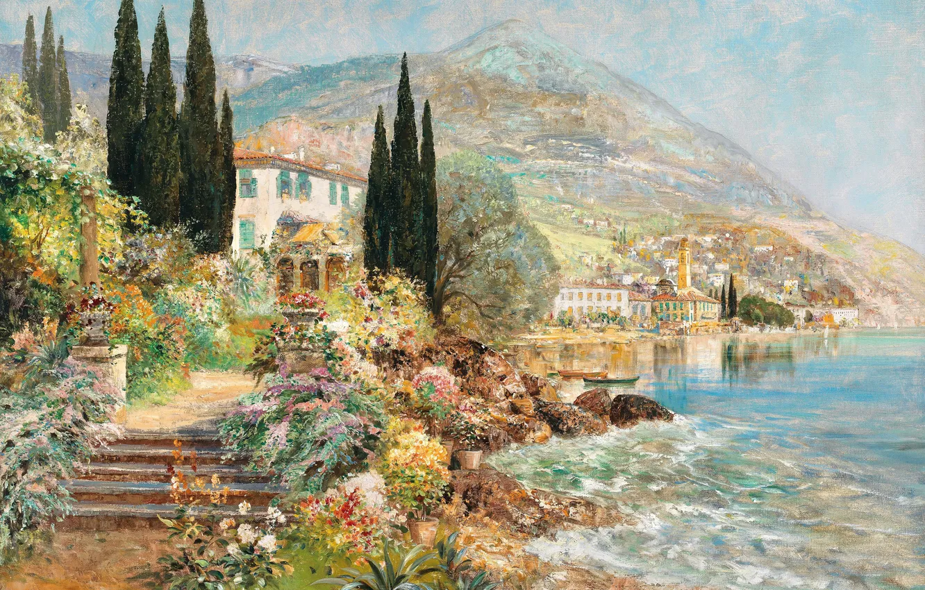 Фото обои Цветы, Дома, Озеро, Деревья, Картина, Побережье, Alois Arnegger, Алоис Арнеггер