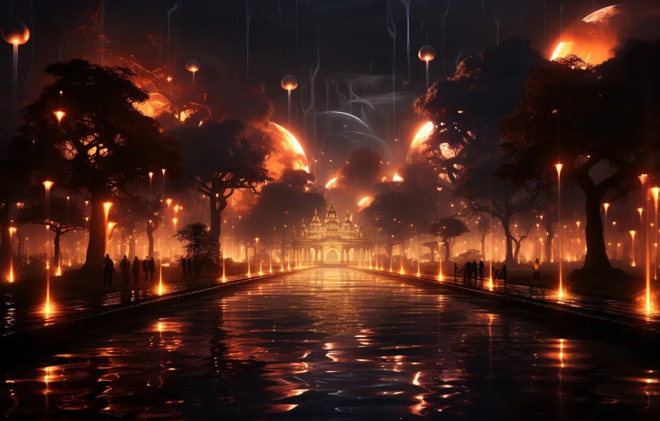 Фото обои widescreen, water, night, architecture, drawings, neural network