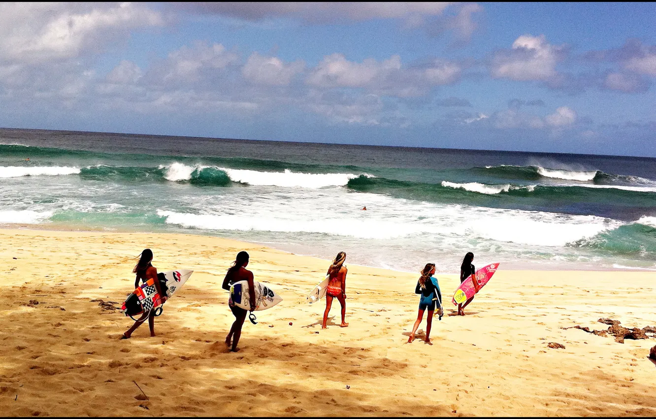 Фото обои пляж, девушки, океан, серфингистки