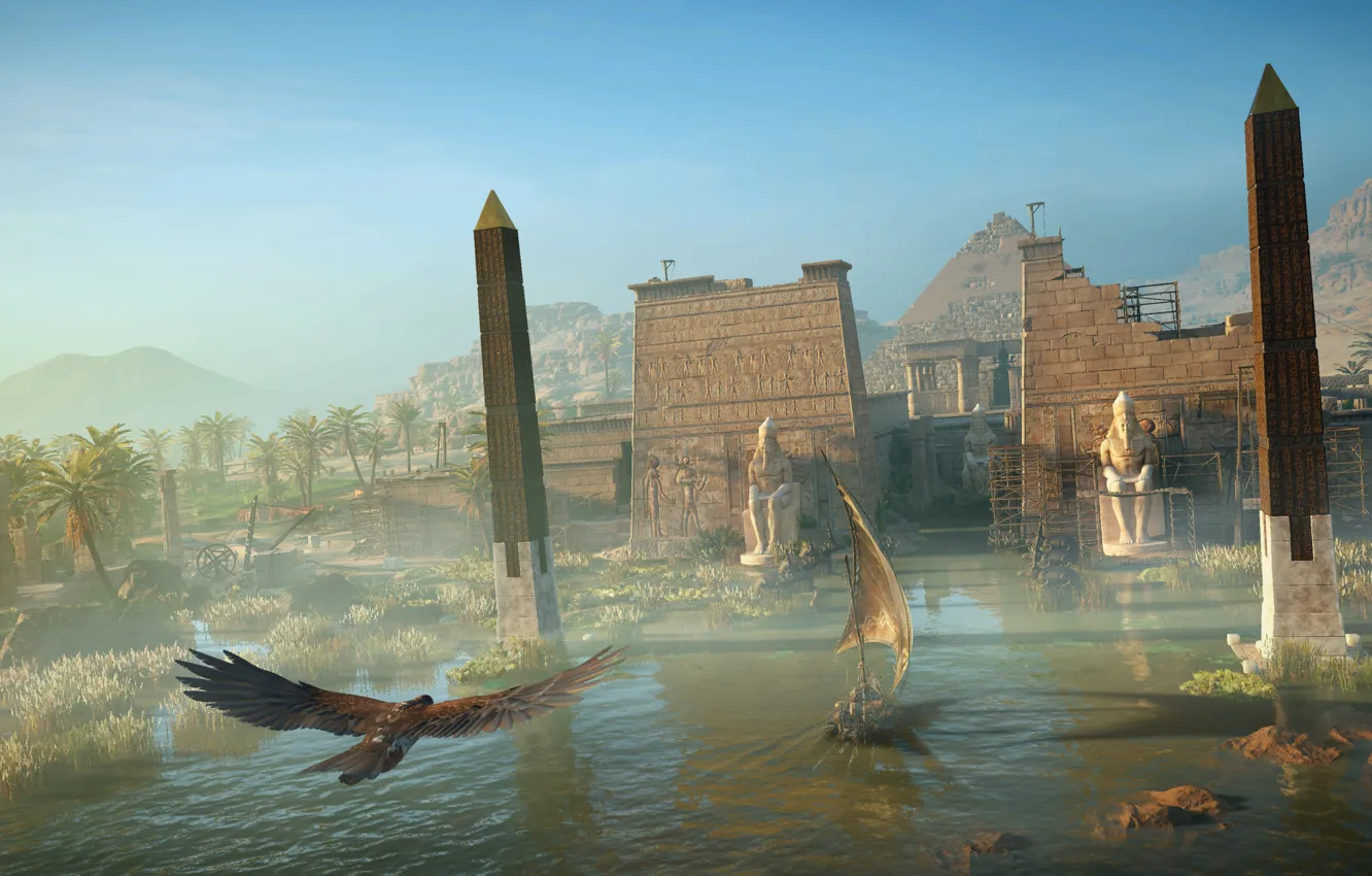 Фото обои город, река, птица, орел, здание, вечер, крепость, египет