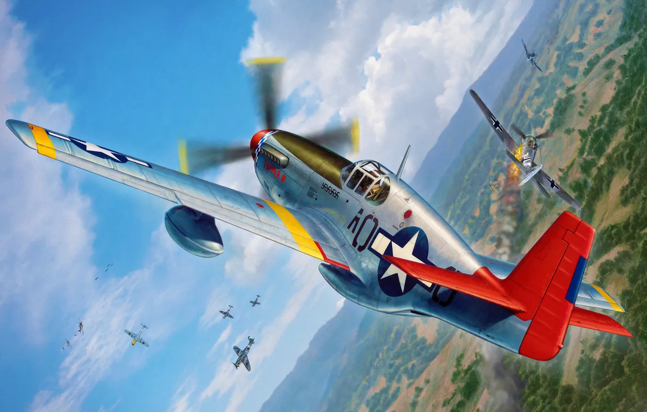 Фото обои war, art, airplane, painting, aviation, ww2, P-51 Mustang, Tuskegee Airmen
