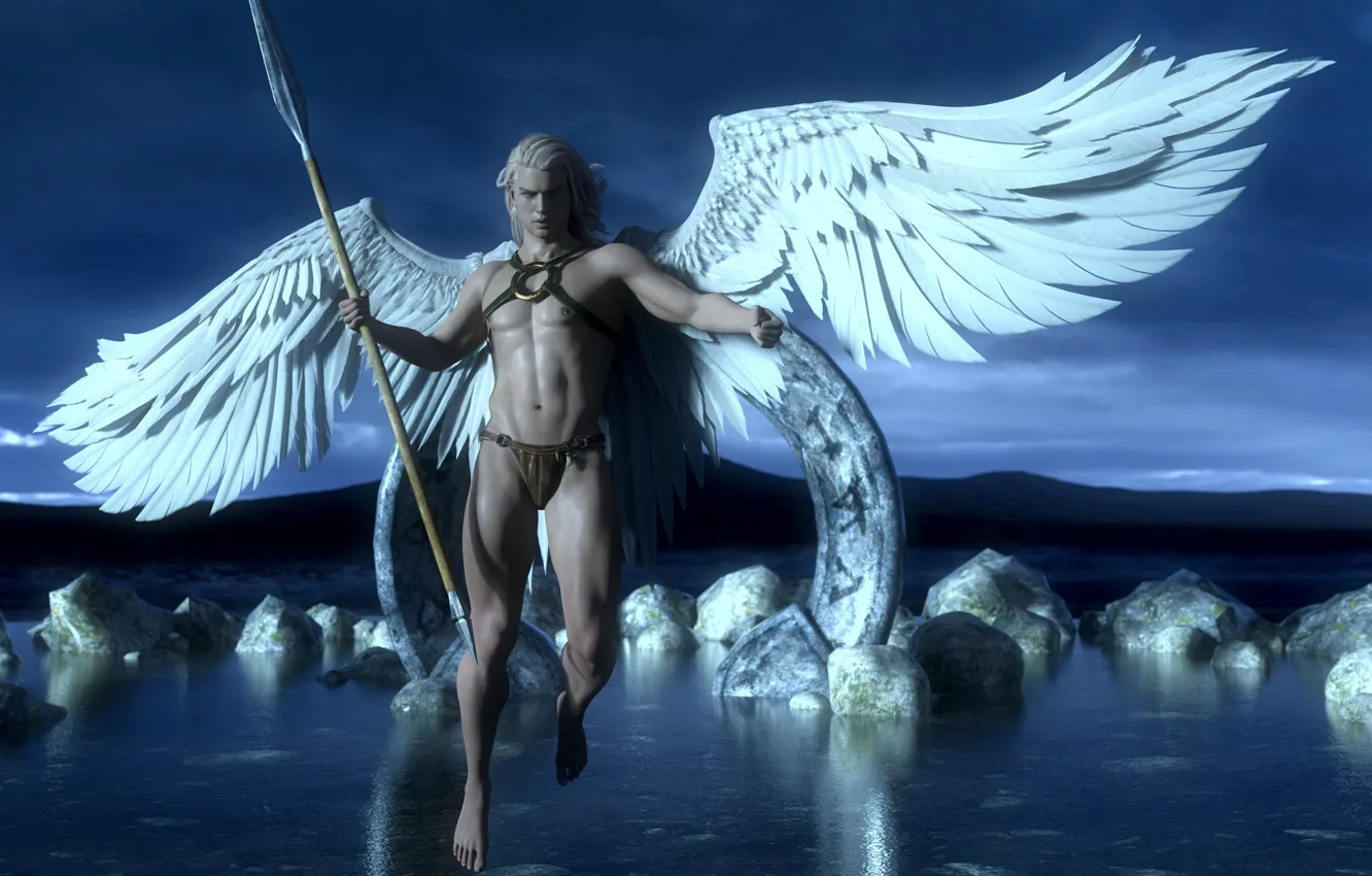 Фото обои ангел, копье, парень