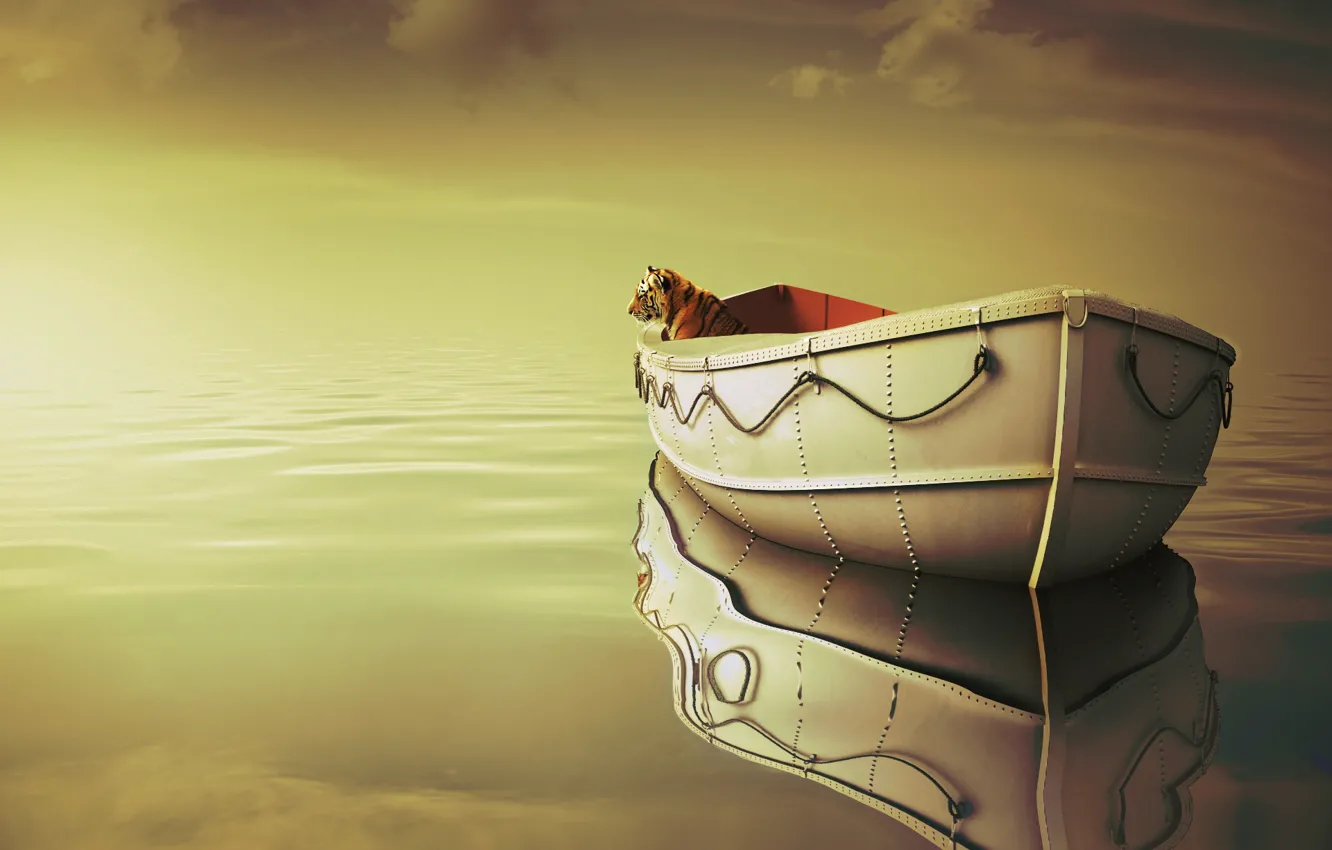 Фото обои море, облака, тигр, лодка