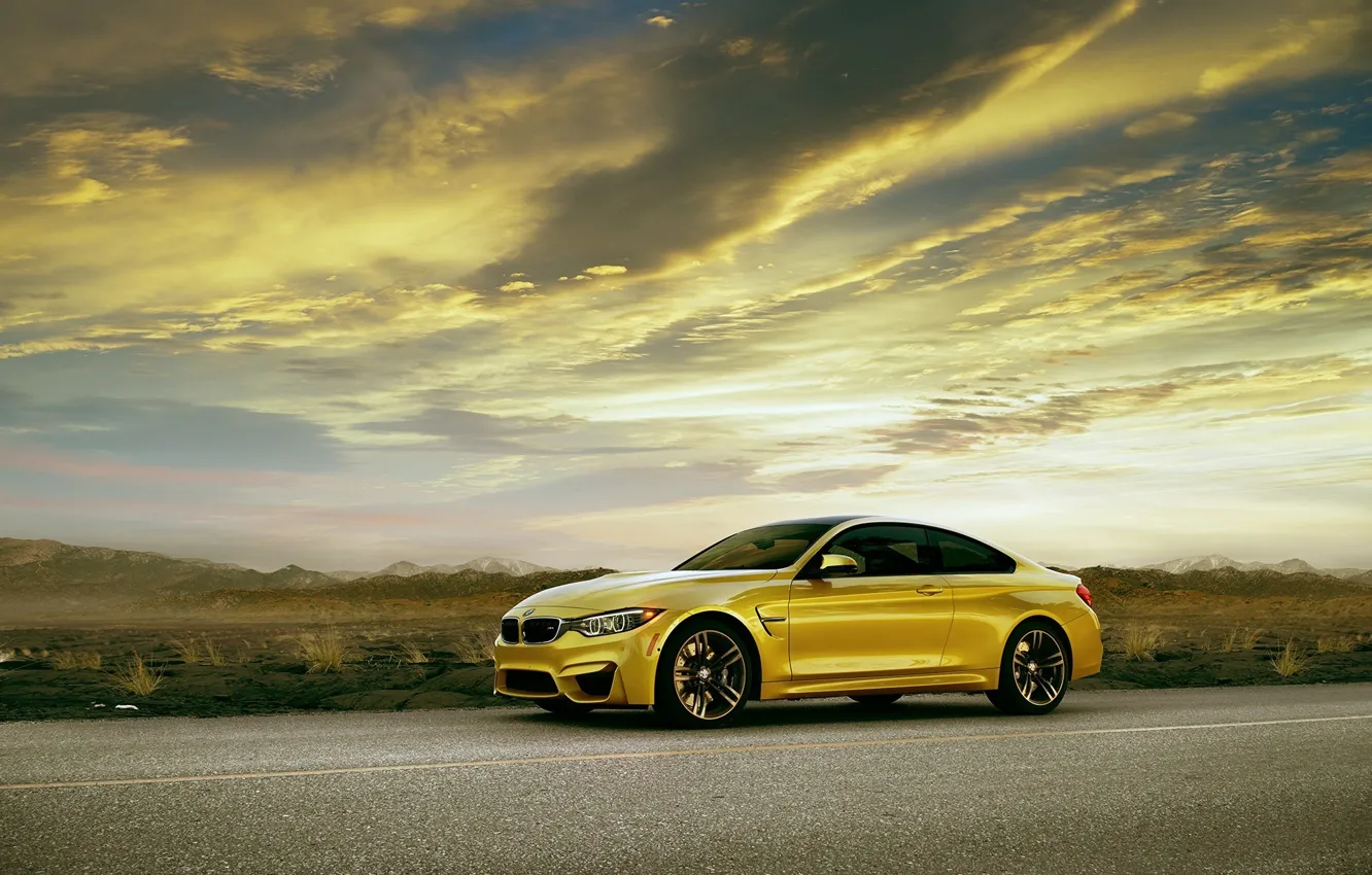 Фото обои BMW, yellow, Coupe, front, F82, automotive photography