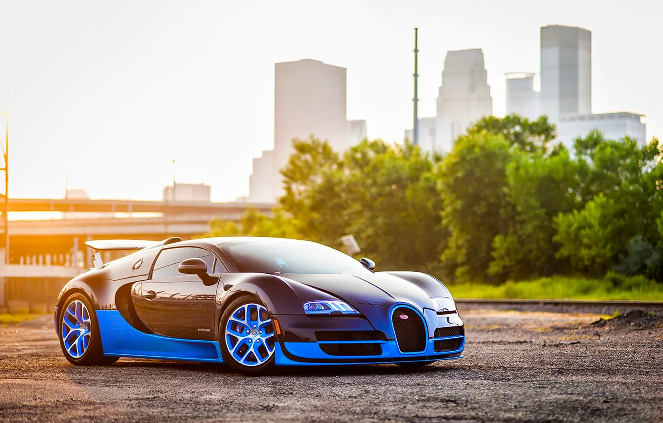 Фото обои Bugatti, Grand, Veyron, Blue, Front, Sun, Sport, Supercar