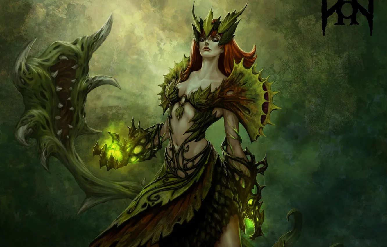 Фото обои девушка, оружие, магия, монстр, растения, клыки, league of legends, zyra
