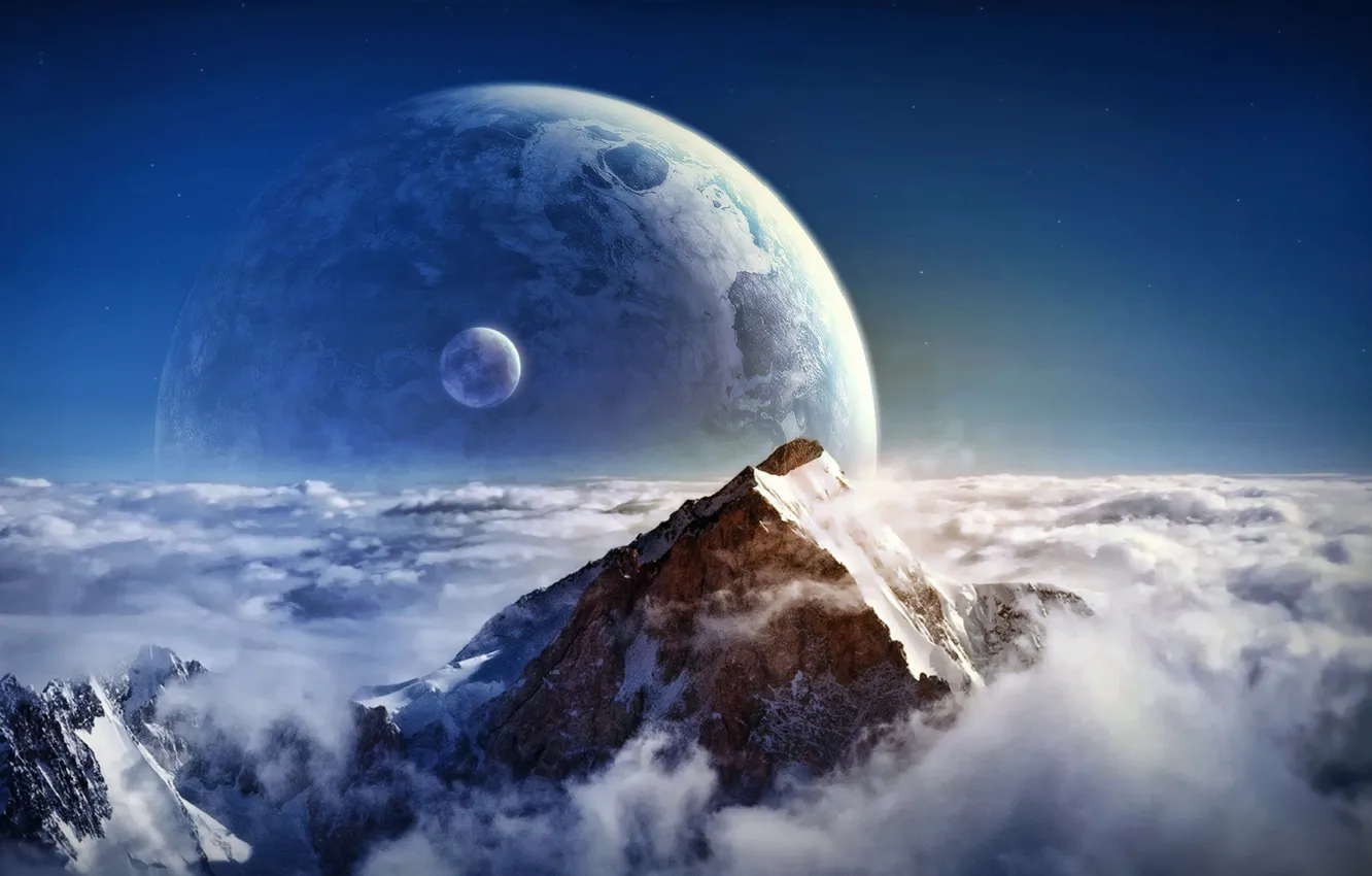 Фото обои космос, облака, планета, высота, гора, спутник, пик