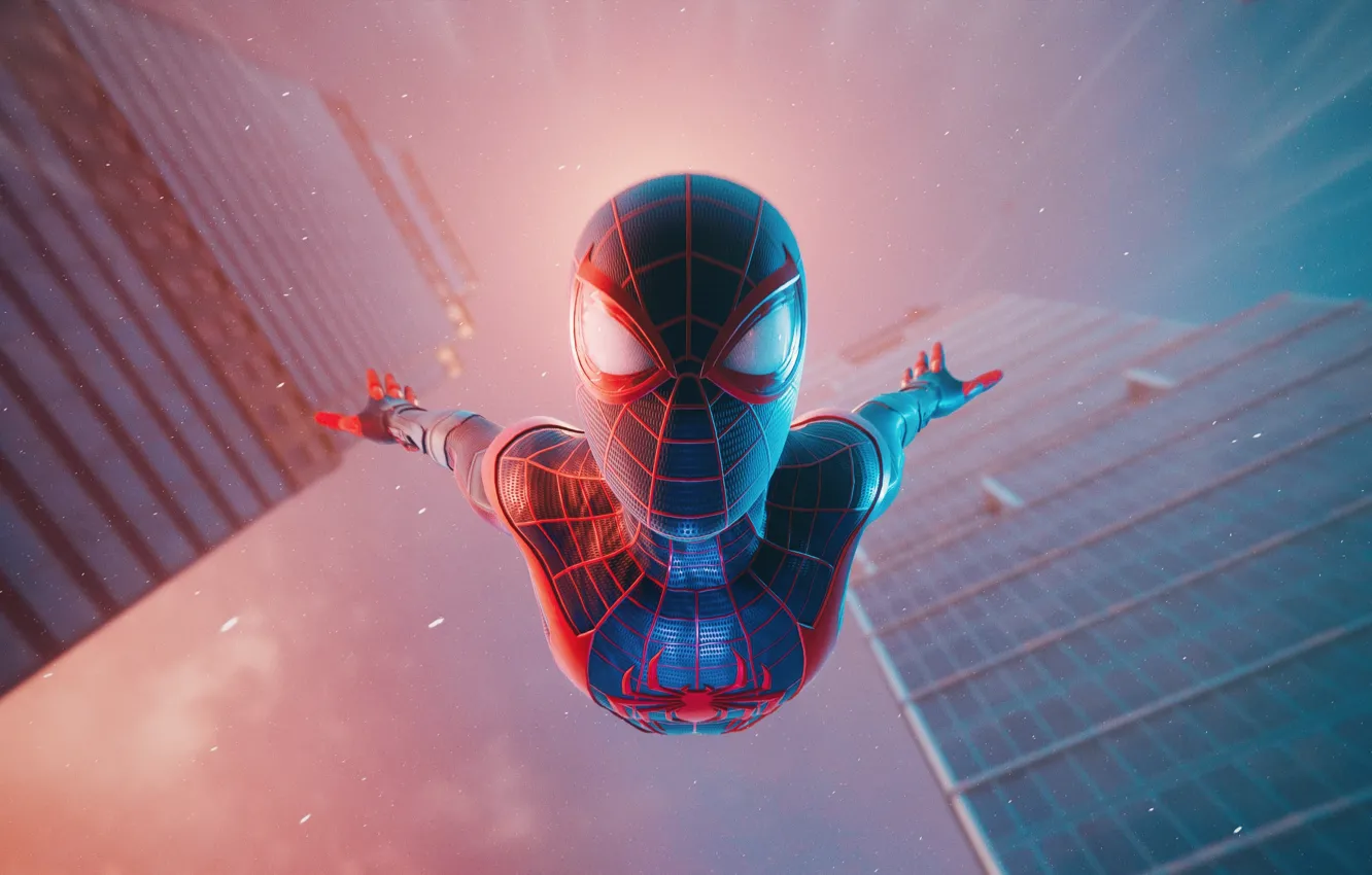 Фото обои Человек-паук, Spider-Man, PlayStation, PS5, PlayStation 5, Marvel's Spider-Man Miles Morales