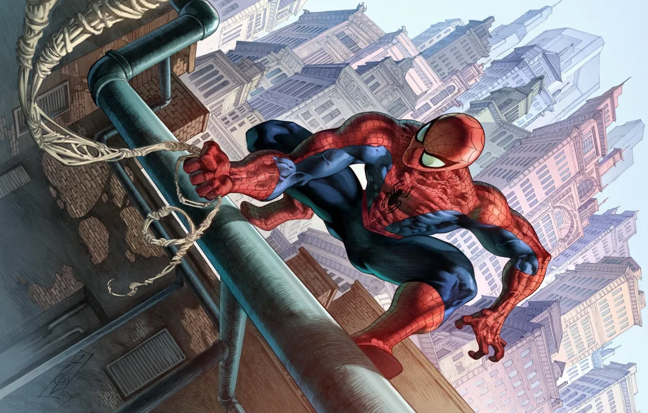 Фото обои city, comics, spider man, web, building