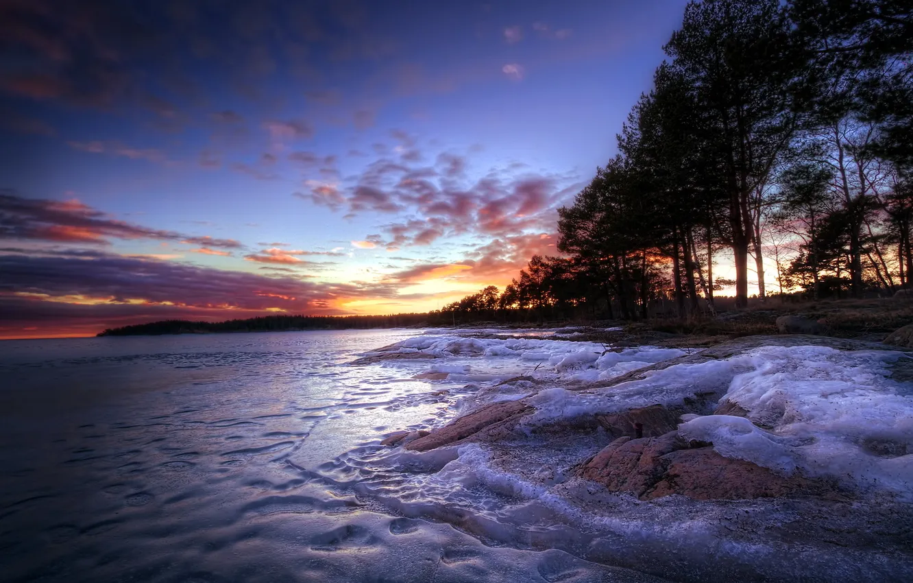 Фото обои деревья, пейзаж, закат, озеро, лёд