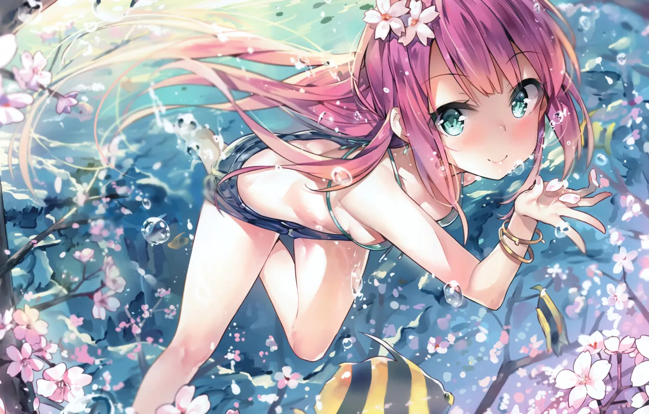 Фото обои girl, flower, sea, anime, sakura, asian, fish, manga