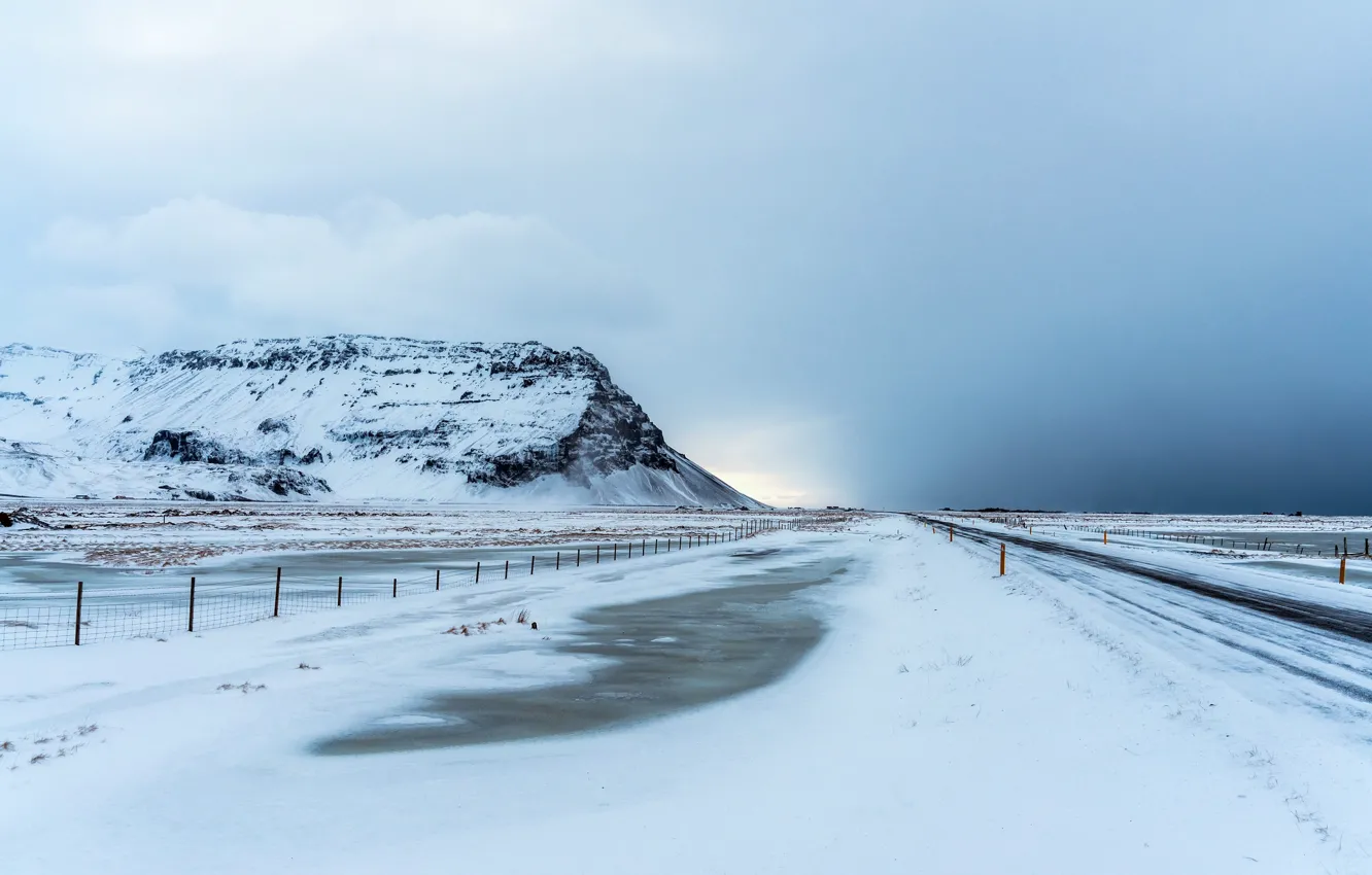 Фото обои дорога, снег, гора