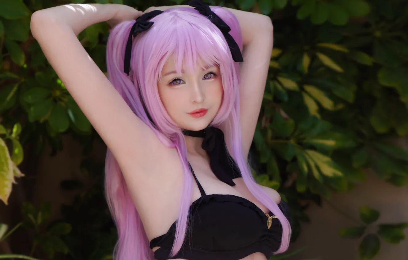 Фото обои girl, sexy, cleavage, pink hair, long hair, boobs, beautiful, pretty