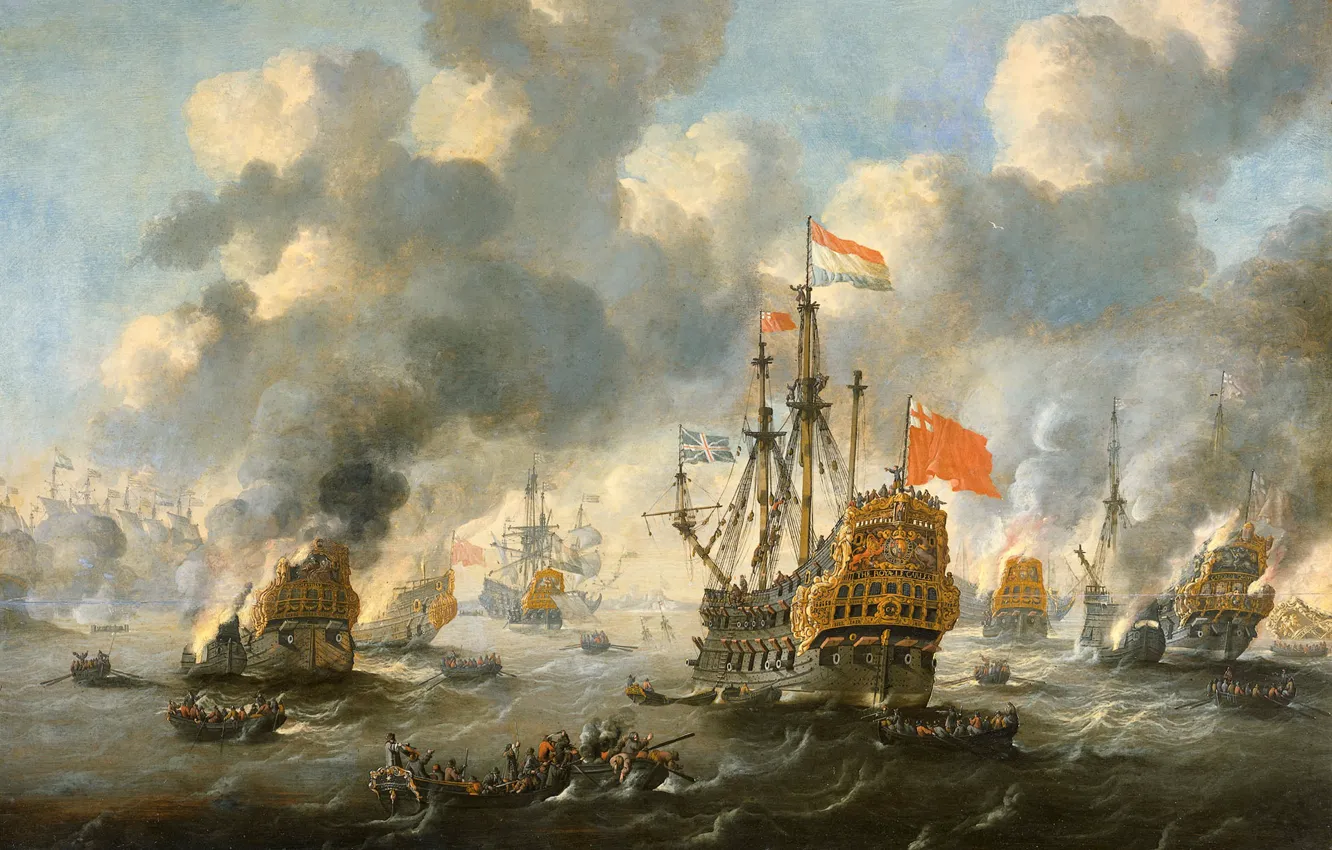 Фото обои корабль, масло, картина, Дерево, парус, баталия, Сожжение Английского Флота в Чатеме, Петер ван де Вельде