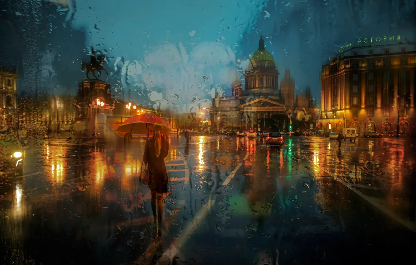 Фото обои девушка, дождь, зонт, Питер, St Petersburg, Исаакиевская площадь