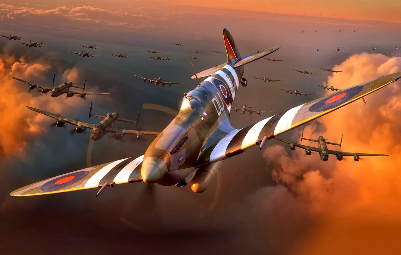 Фото обои Рисунок, истребитель, Вторая Мировая война, WW2, Supermarine, Британский, Royal Air Force, Avro 683 Lancaster