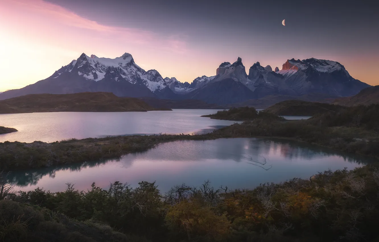 Фото обои вода, горы, утро, Чили, национальный парк, Патагония, Torres del Paine, Анна Политова