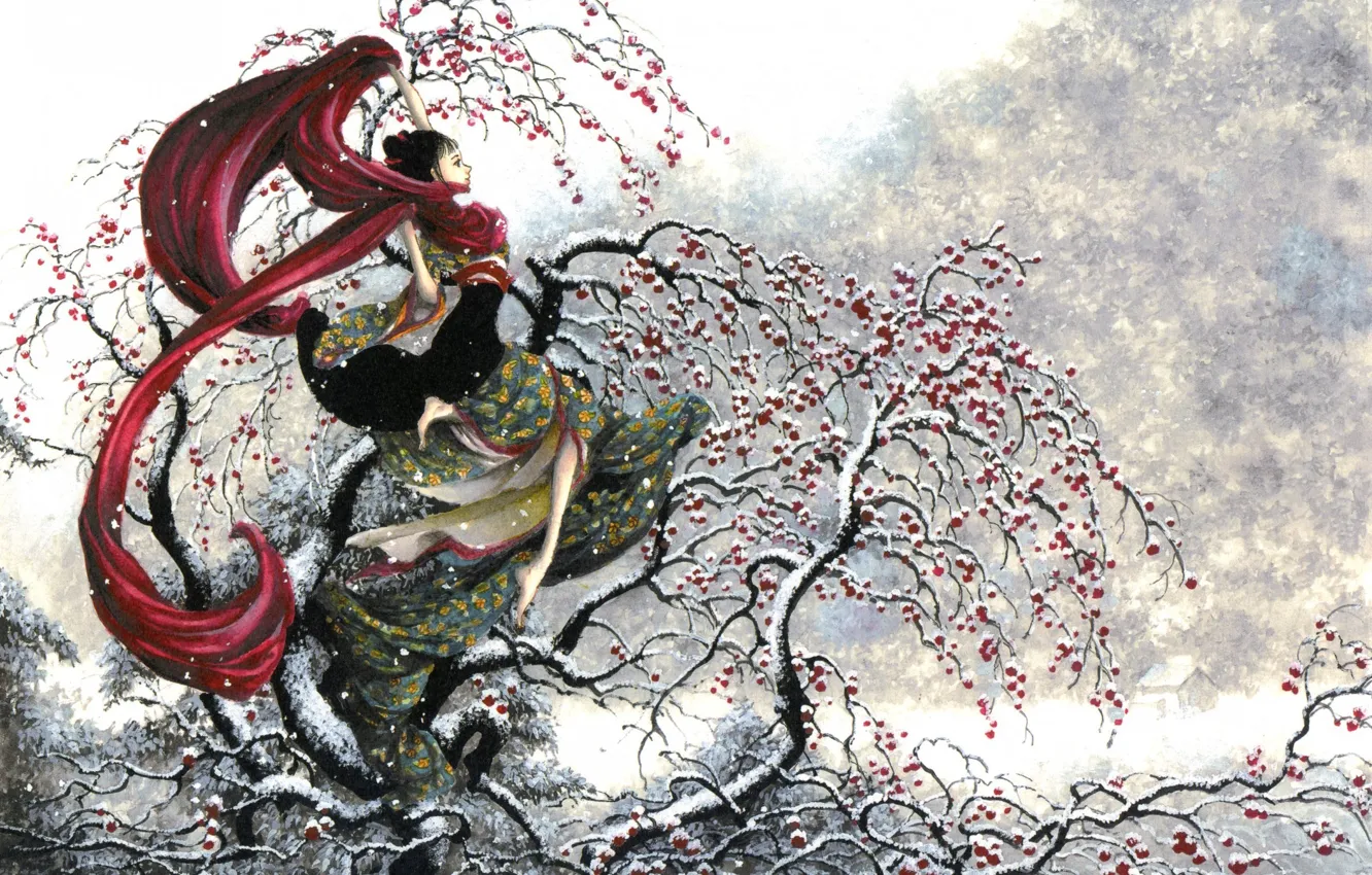 Фото обои зима, девушка, снег, яблоки, японка, япония, шарф, кимоно