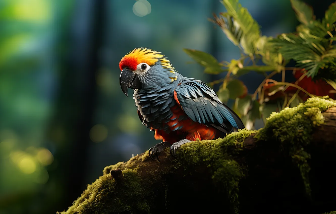 Фото обои colorful, animals, parrot, art, leaves, birds, digital art, blurred