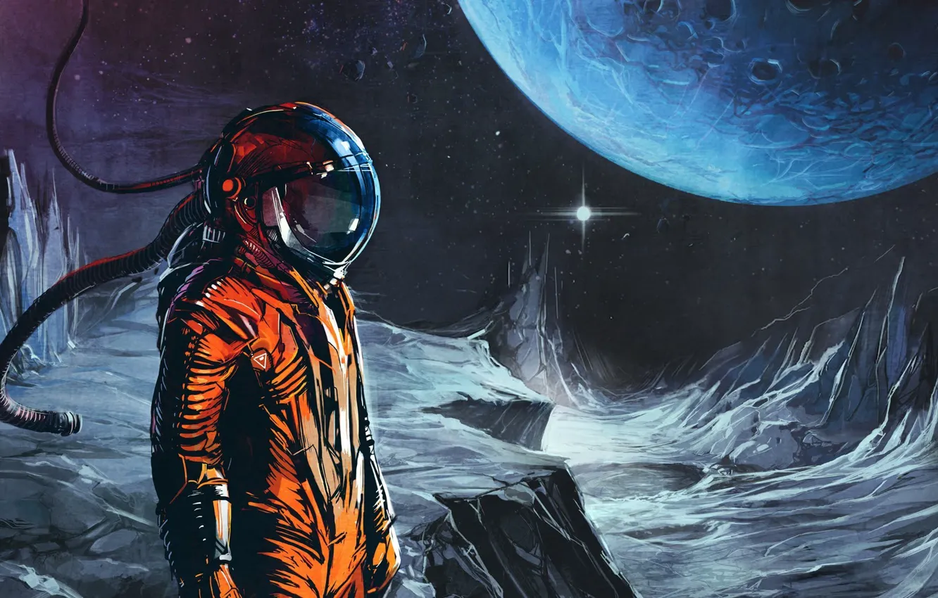 Фото обои оранжевый, музыка, луна, планета, космонавт, music, скафандр, space