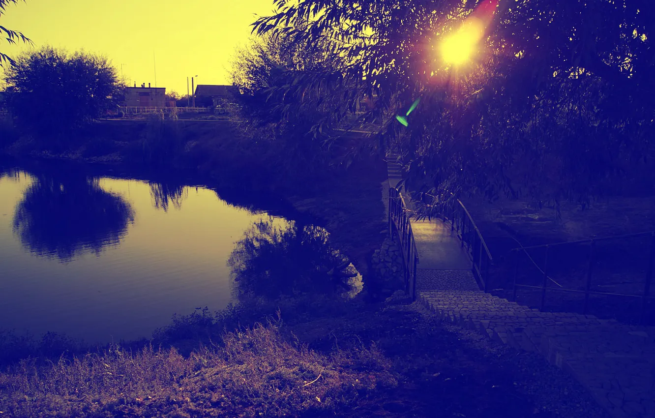 Фото обои листья, вода, деревья, закат, мост, природа, озеро