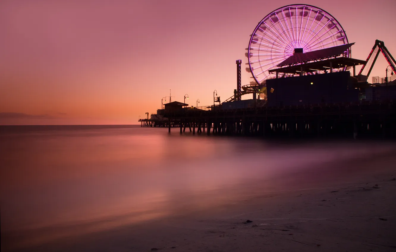 Фото обои океан, пирс, колесо обозрения, набережная, California, Santa Monica, атракционы, Amusement Park