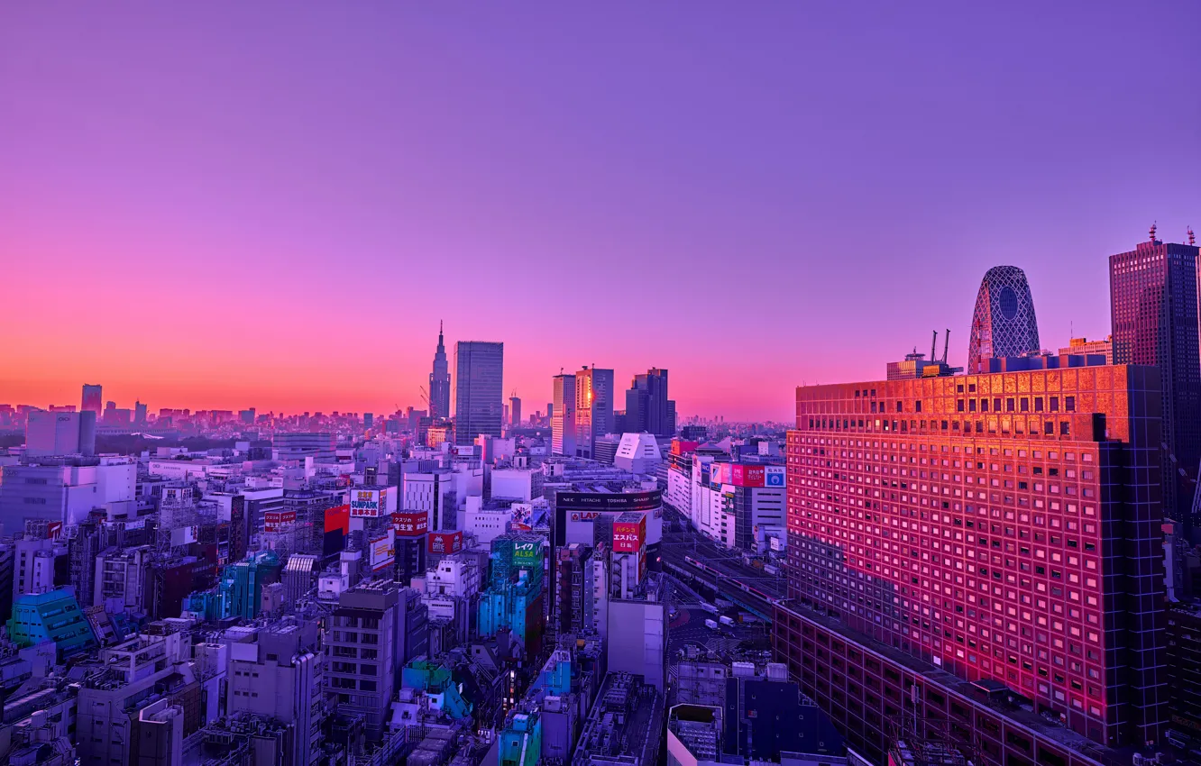 Фото обои city, skyline, purple, building, colored