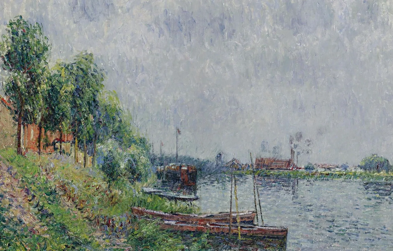 Фото обои пейзаж, река, лодка, картина, Гюстав Луазо, Gustave Loiseau, Речной Берег. Уаза