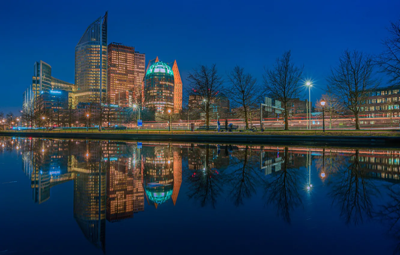Фото обои деревья, отражение, здания, канал, Нидерланды, ночной город, набережная, небоскрёбы