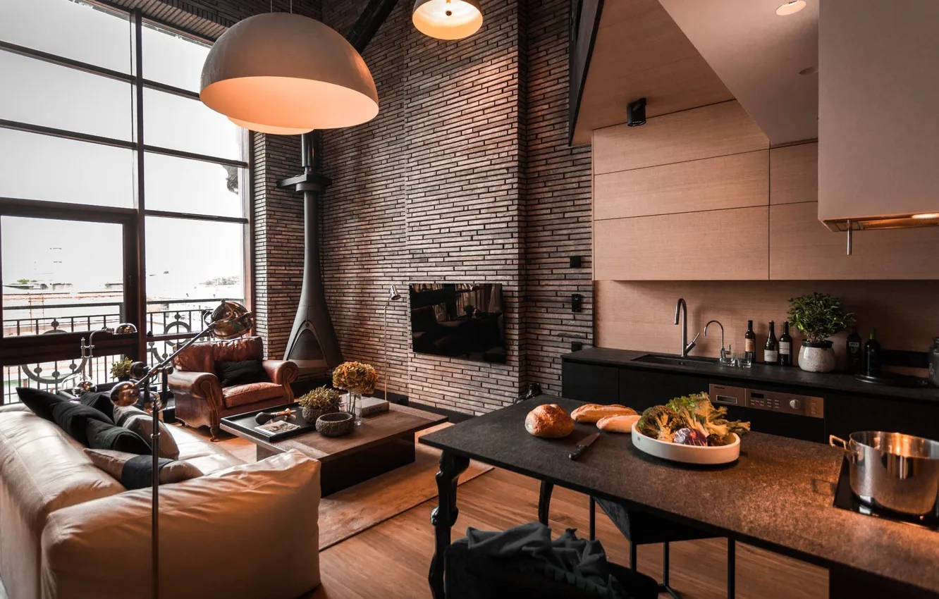 Фото обои интерьер, кухня, камин, гостиная, Нью - Йорк, Manhattan Loft