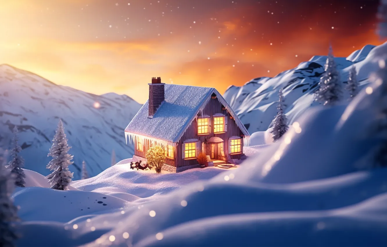 Фото обои зима, свет, снег, горы, дом, Рождество, Новый год, домик