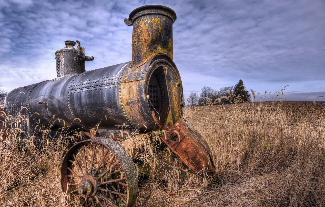 Фото обои поле, природа, паровоз