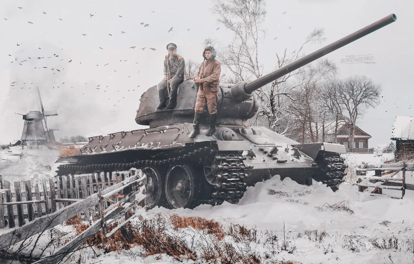 Фото обои Зима, Снег, Война, СССР, Т-34, ВОВ, Tank, Т-34-85