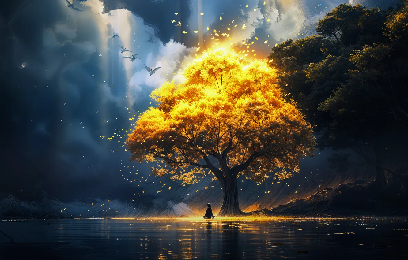 Фото обои trees, clouds, lake, plants, AI art