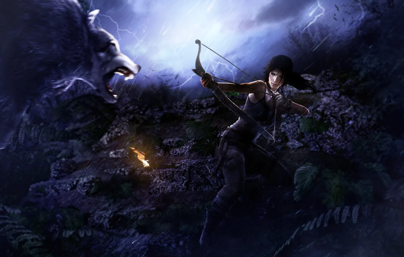 Фото обои лес, волк, лук, Tomb Raider, стрелы, Lara Croft