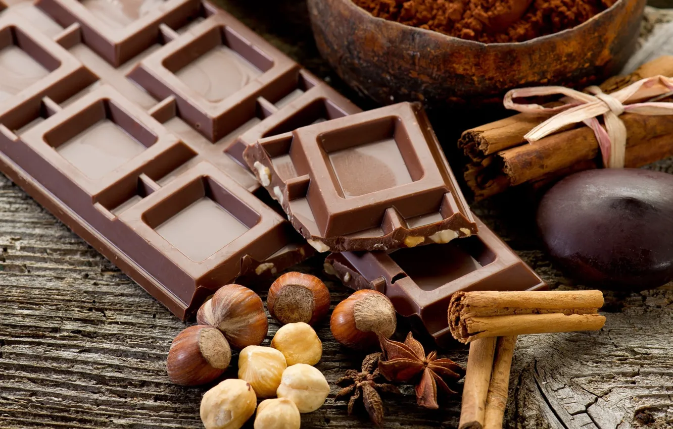 Фото обои food, sweet, nuts, Chocolate, cocoa, cinnamon, cloves, dark chocolate