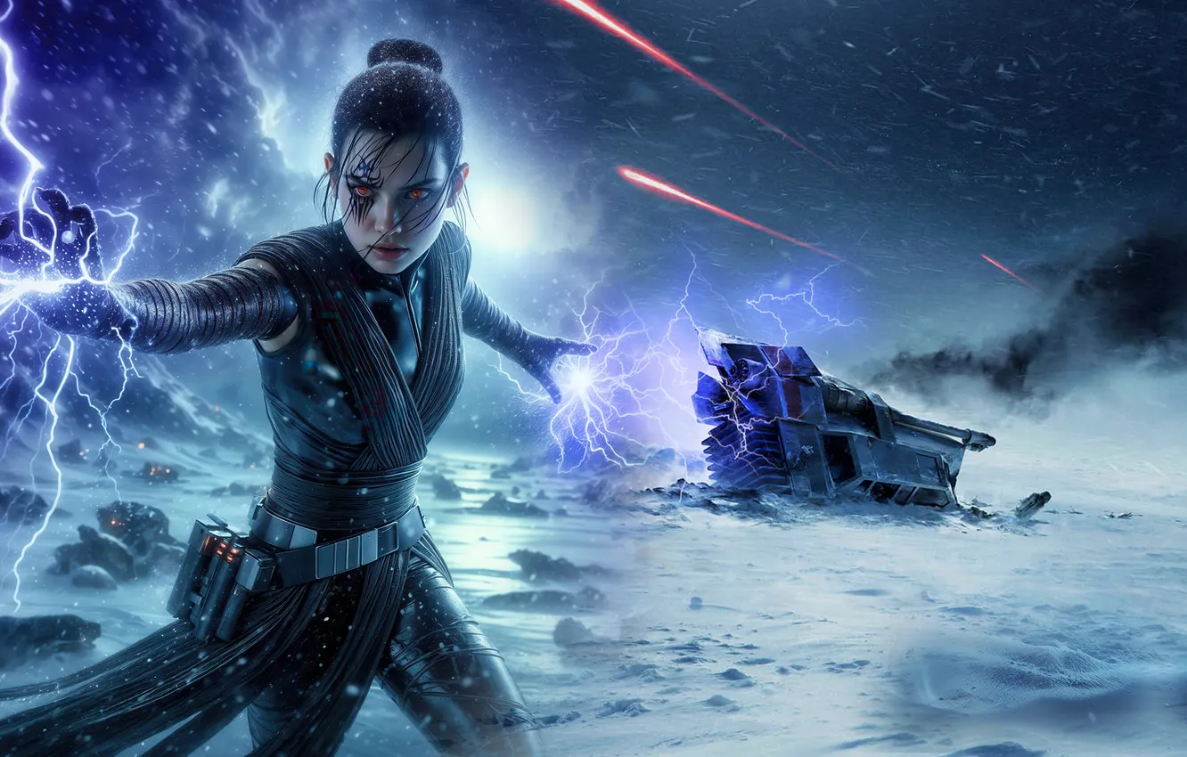 Фото обои girl, star wars, fantasy, lightning, jedi