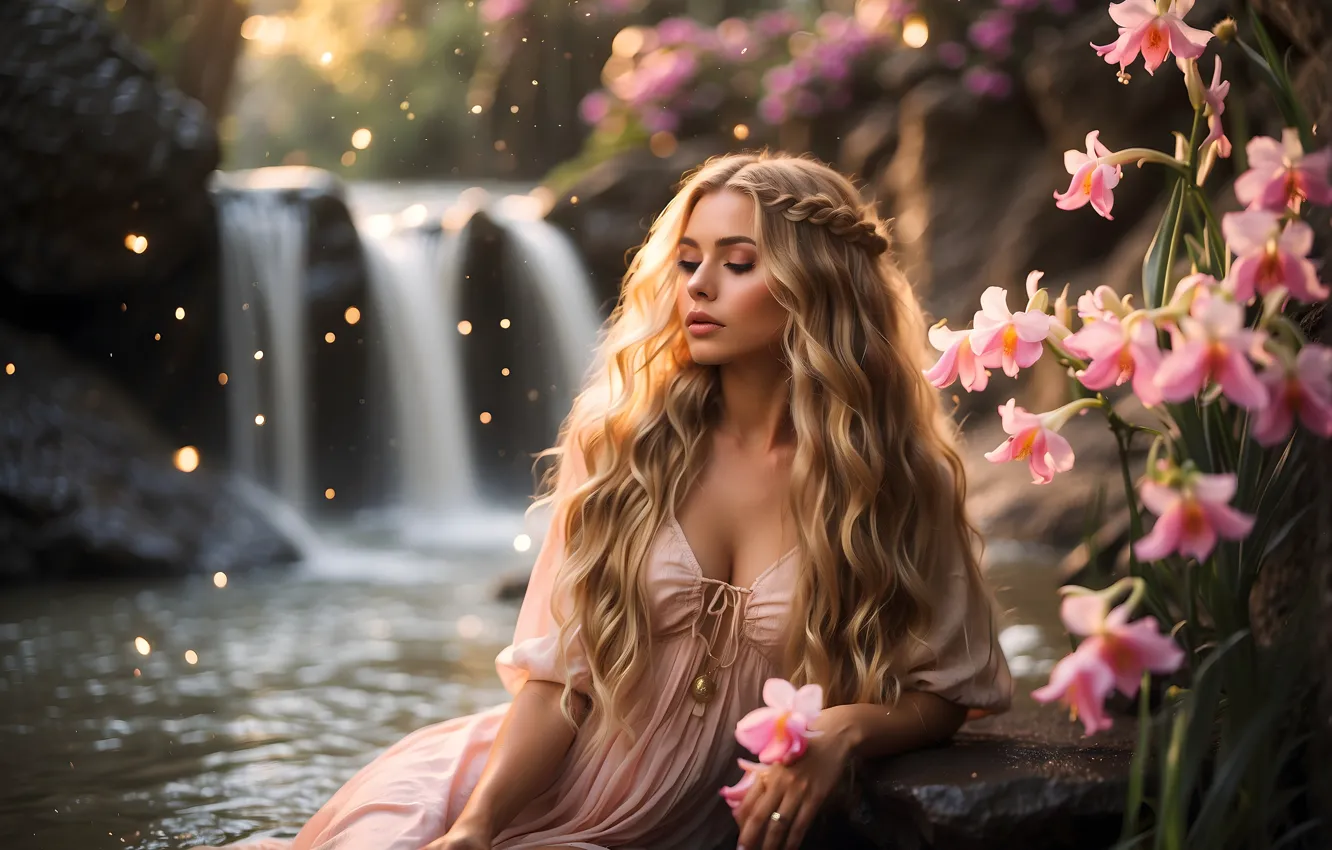 Фото обои цветы, природа, блондинка, водопад, ИИ-арт, ресницы, закрытые глаза, локоны