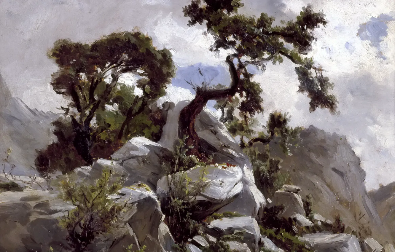 Фото обои деревья, природа, камни, скалы, картина, Карлос де Хаэс, Горный Пейзаж