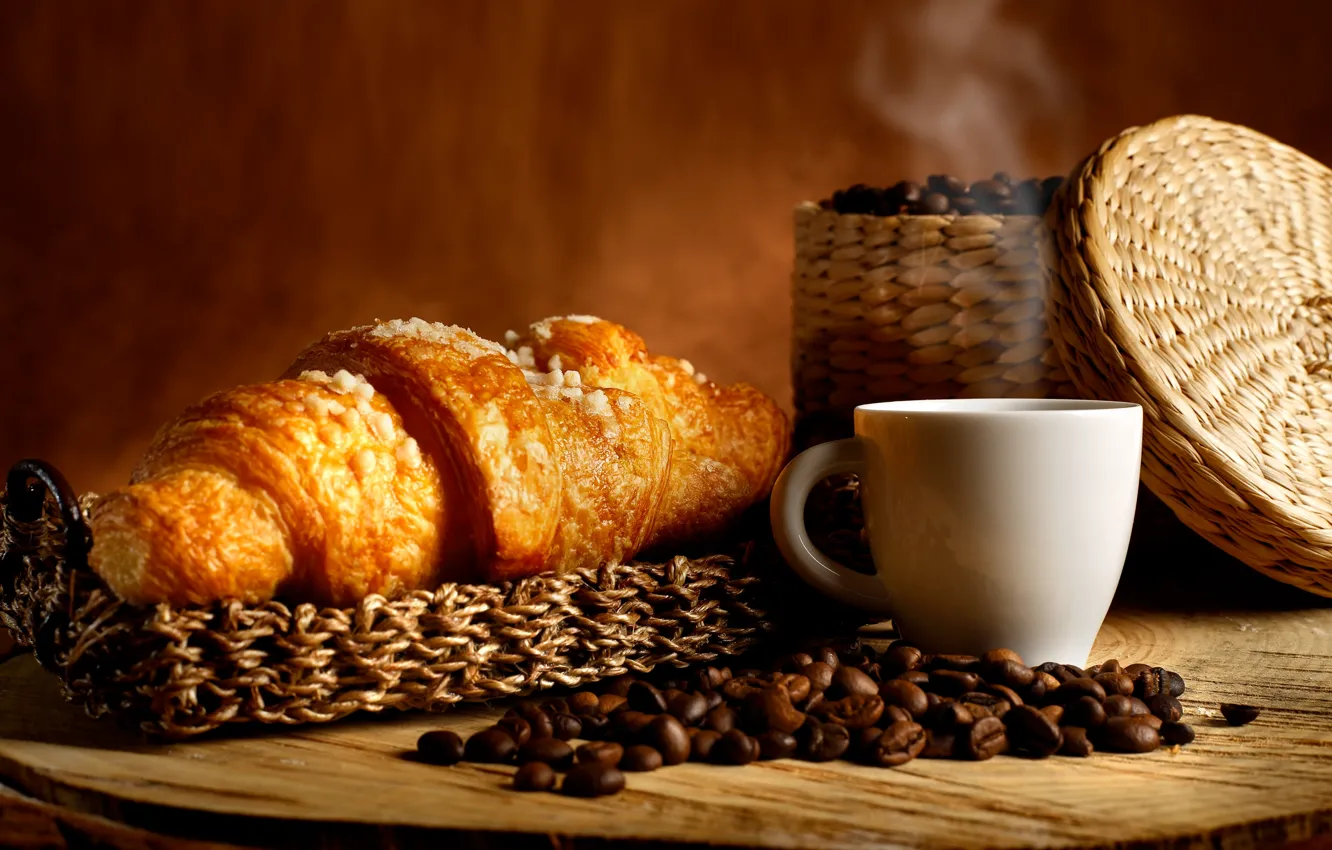 Фото обои кофе, корзинка, кофейные зерна, аромат, coffee, круассаны, basket, coffee beans