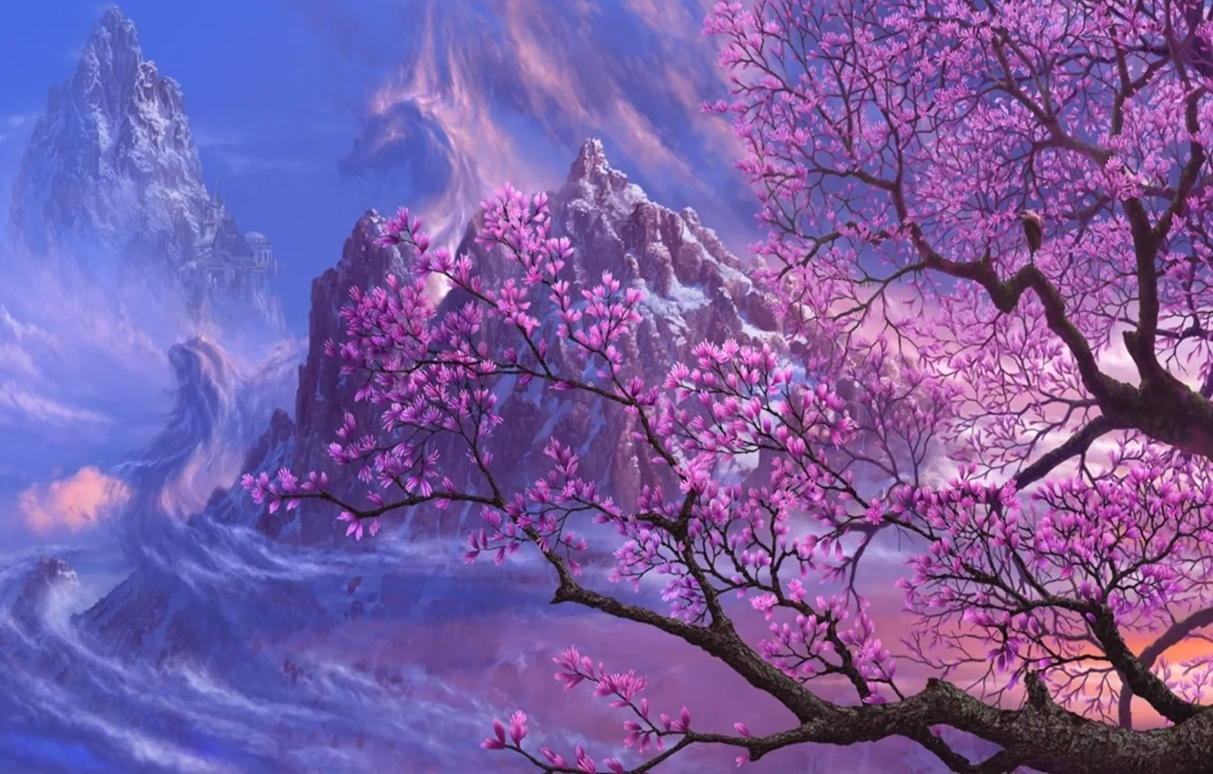 Фото обои природа, colors, sky, mountain, tree, magnolia