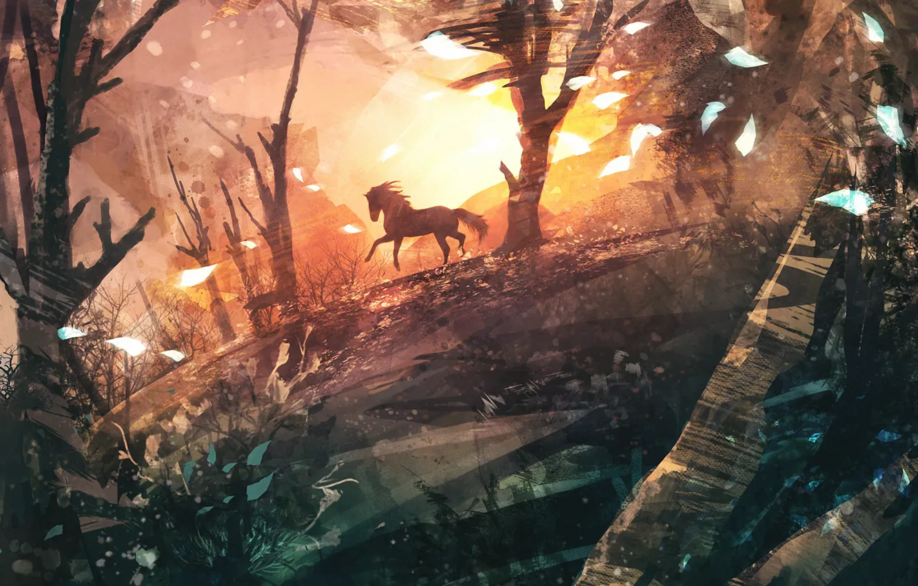 Фото обои деревья, конь, ветер, арт, бег, нарисованный пейзаж