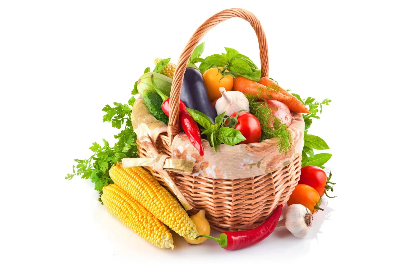 Фото обои зелень, кукуруза, баклажан, перец, корзинка, овощи, помидоры, морковь