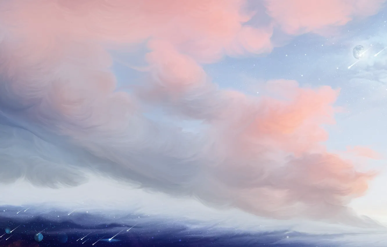 Фото обои планета, розовые облака, звездопад, by exobiology