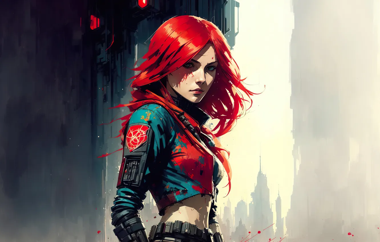 Фото обои city, future, red hair, art, fantastic, cyberpunk, digital art, Painting