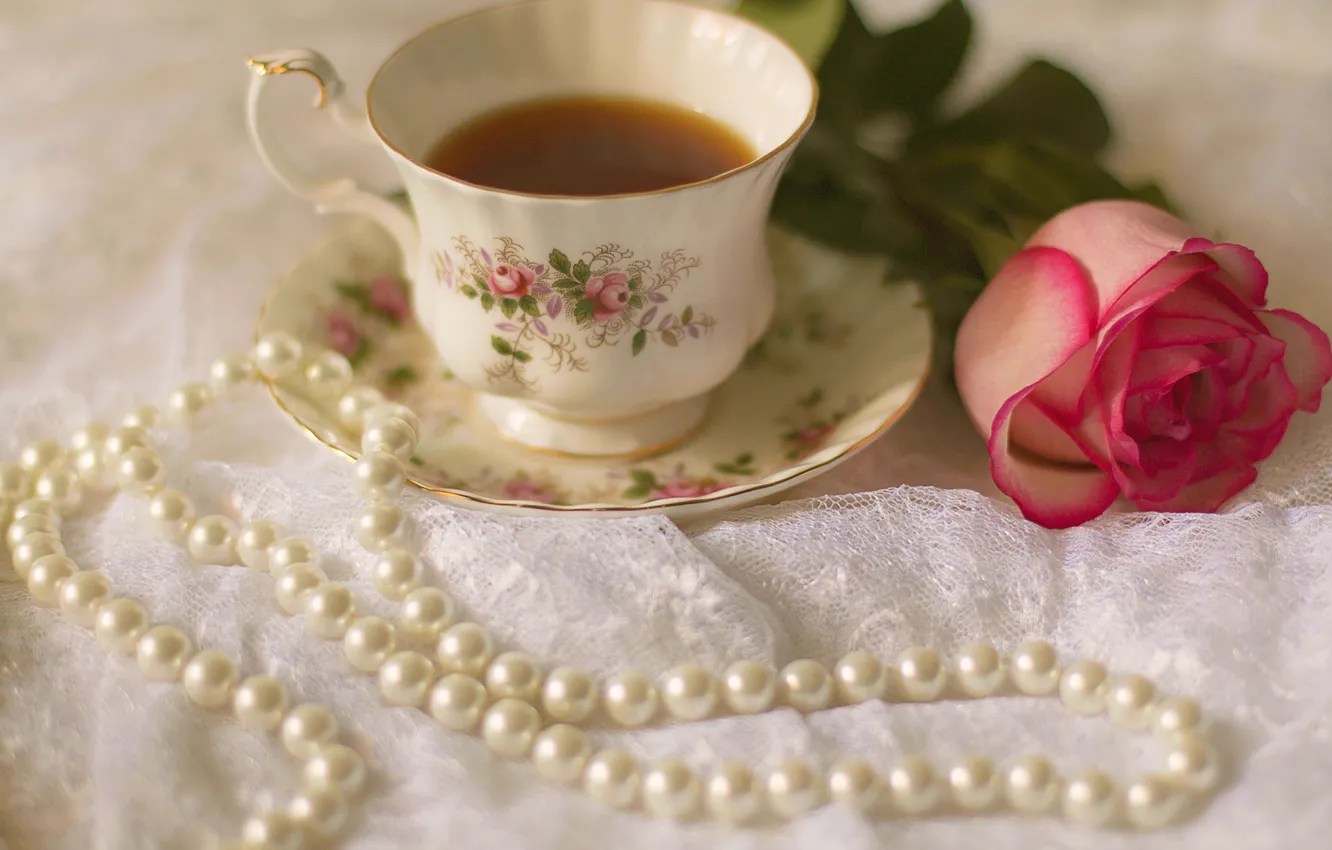 Фото обои роза, чашка, rose, cup, drink, tea, чая, pearls